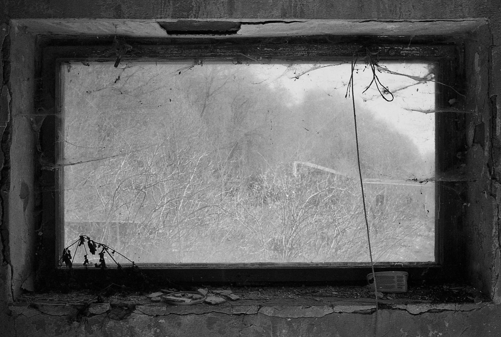 A window in a ruined collective farm